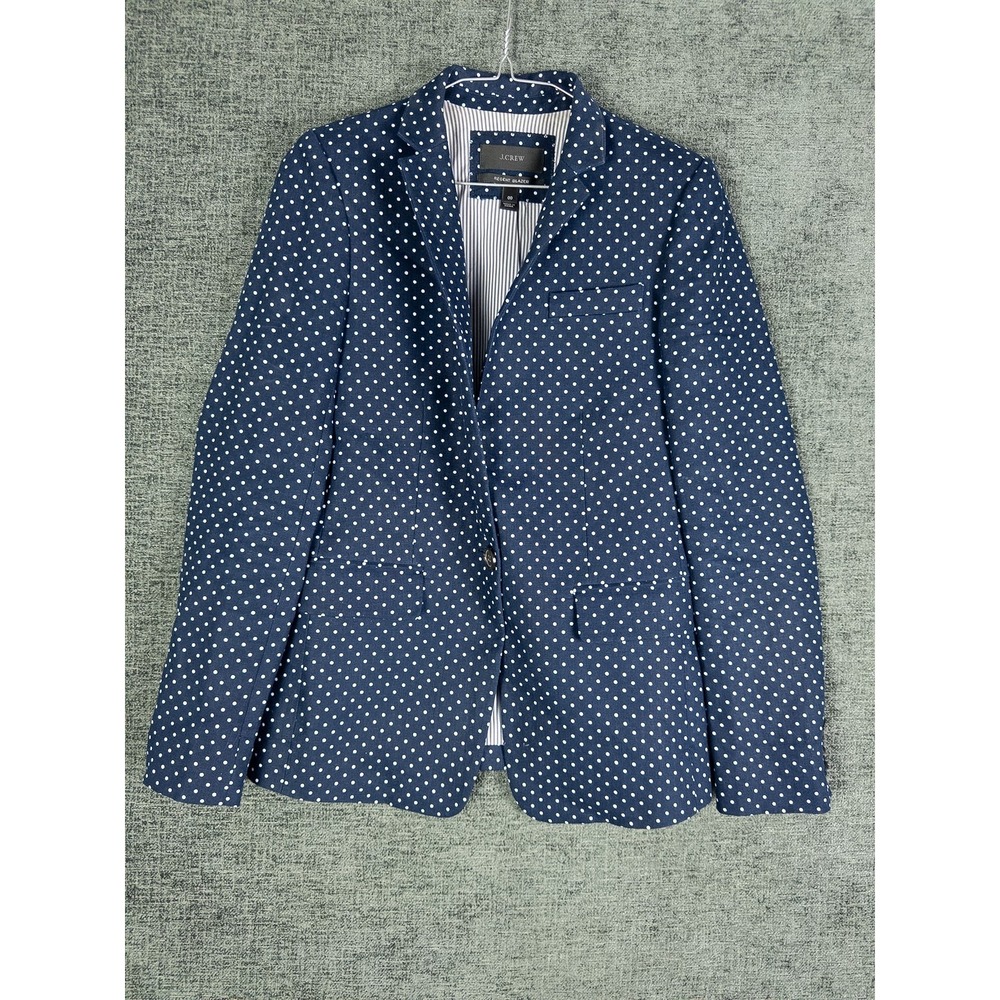 J.Crew Regent Blazer Womens 00 Navy Polka Dot Linen Lined Preppy Old Money
